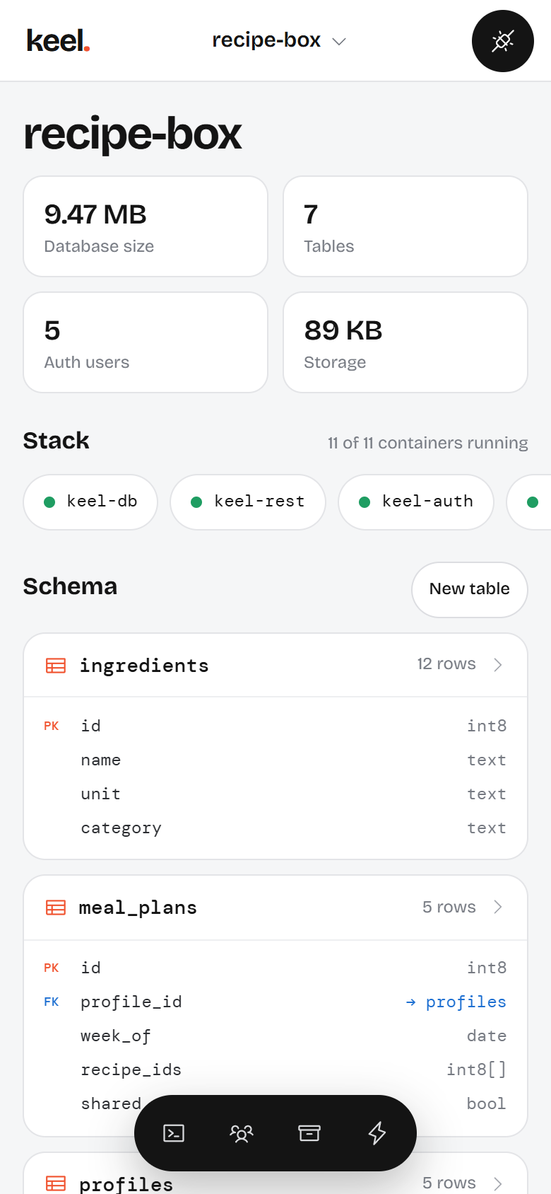 Keel Studio on a phone: the project's size, tables and services