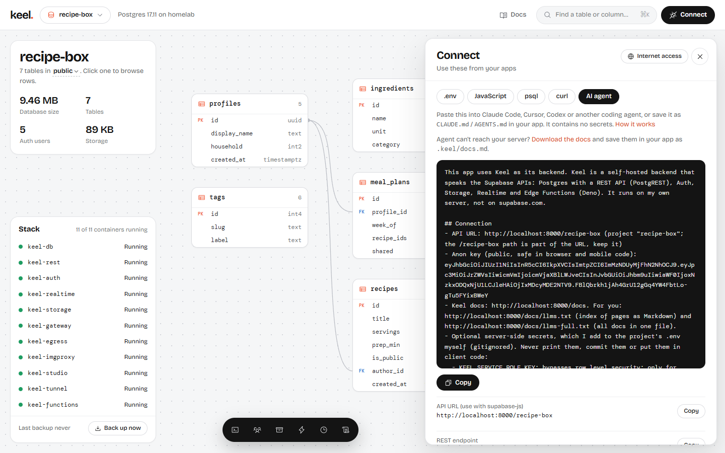Studio's Connect panel with the AI agent tab open, showing the filled-in prompt and a Copy button